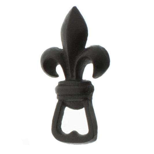 Side view image of a cast iron fleur de lis bottle opener.