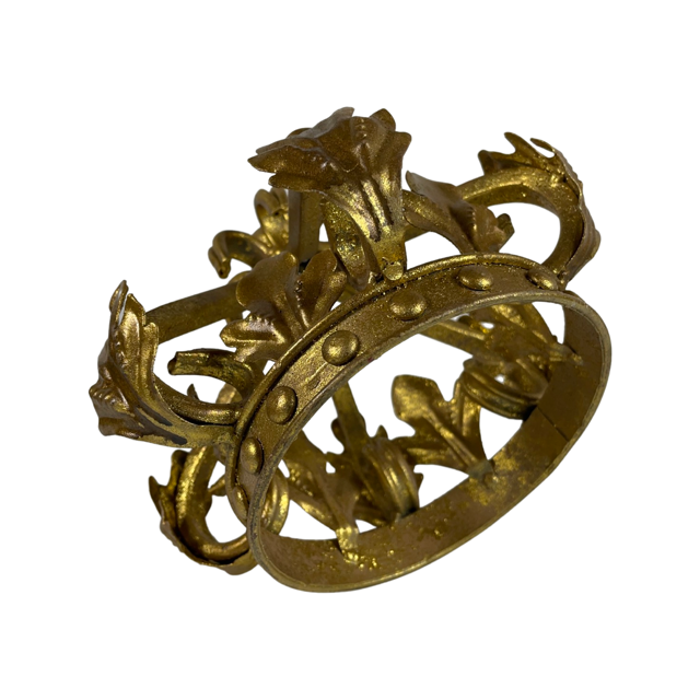 Bottom view image of a metal decorative gold crown.