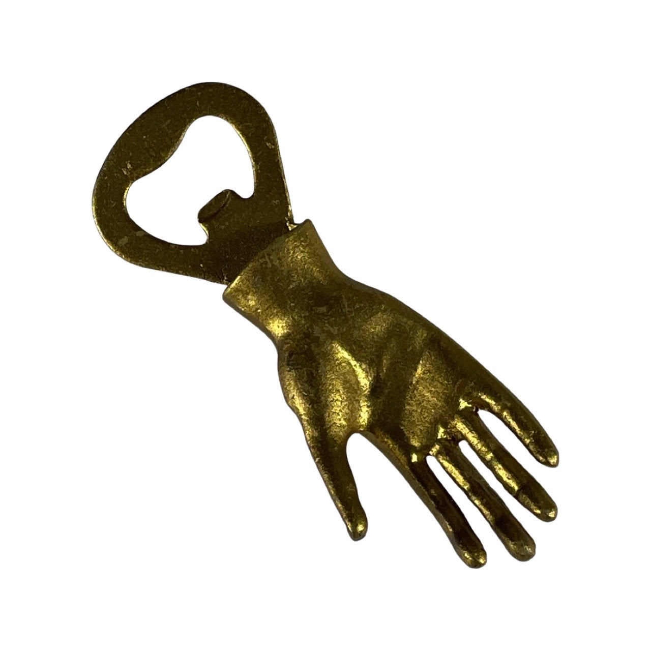 Image of a gold finish cast iron hand shape bottle opener.