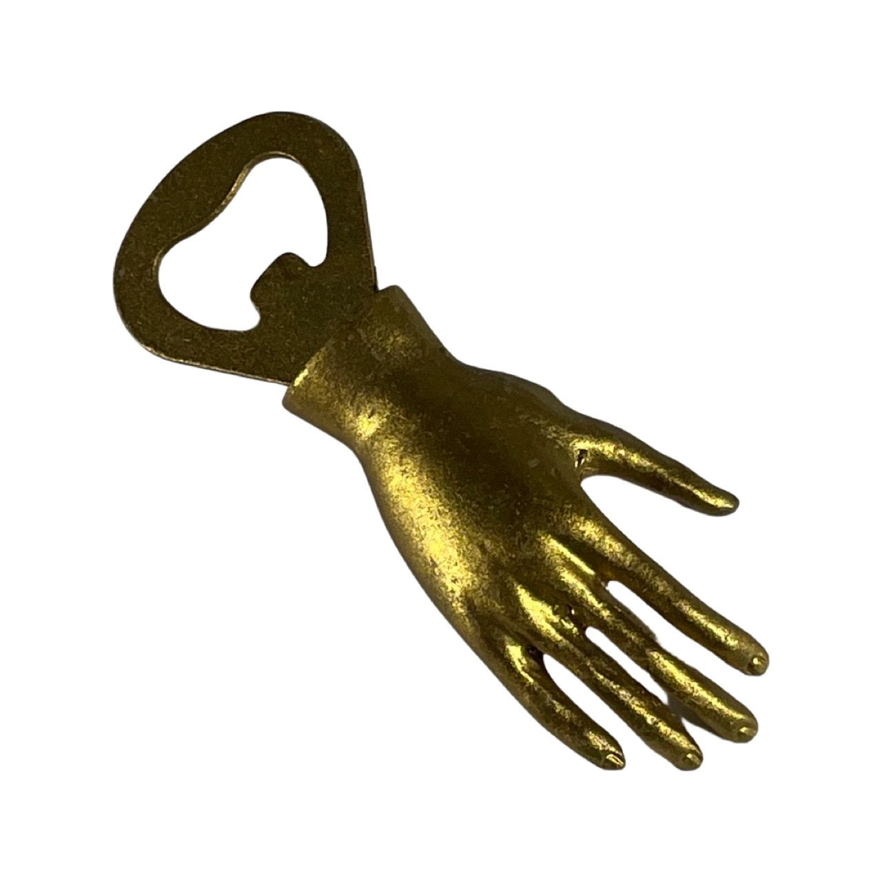 Top side image of a gold finish cast iron hand shape bottle opener.