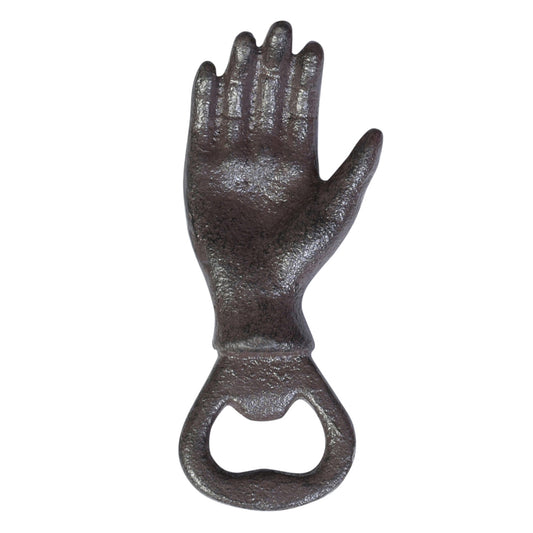 Image of a cast iron hand shaped bottle opener.