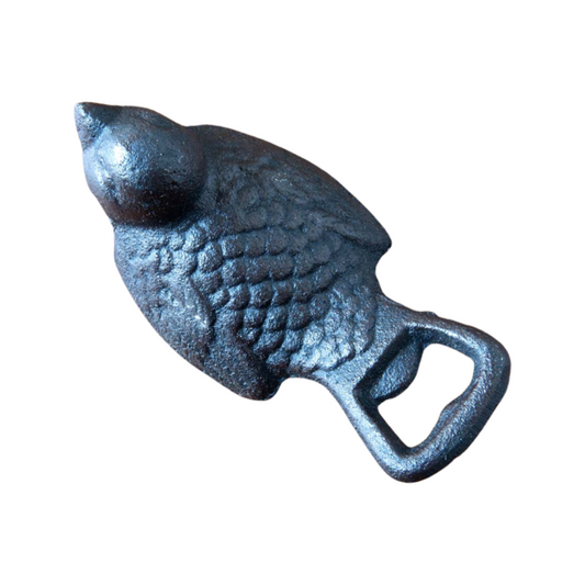Top view image of a cast iron bird bottle opener.